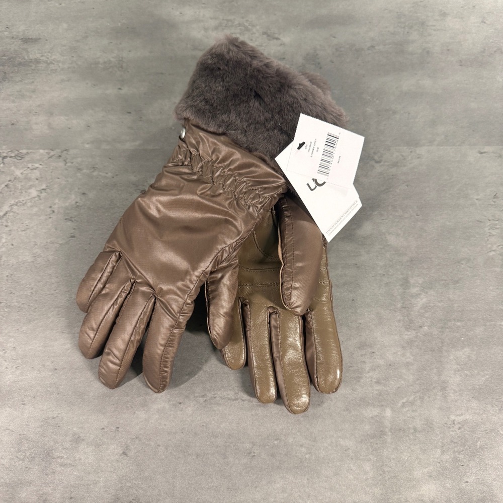 UGG Quilted Tech Gloves Women S/M Stormy Grey Bronze Brown Leather Shearling New